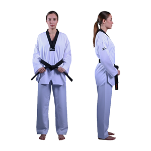 Traje de Taekwondo Dobok Profesional Personalizado 2026, Ligero, Transpirable y Cómodo, de Poliéster Blanco y Negro con Cuello en V, para Artes Marciales - Product Image 4