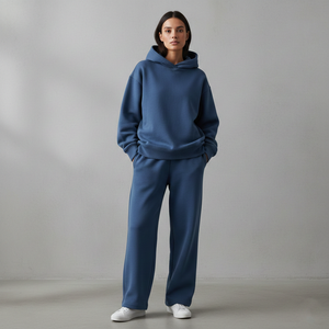 Custom High Quality 100g Cotton <b>Fleece</b> Streetwear Tracksuit Women Blue Skinny Fit Above Knee Hoodie Sweatpants Two Piece Set - Product Image 1