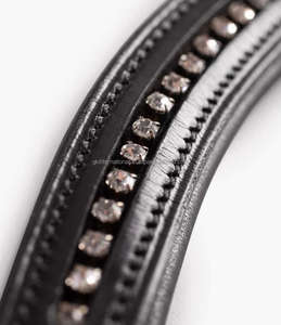 Genuine Italian Leather Horse Brow Band Full <b>Stitched</b> Empty Channel Leather Horse Brow Band with Small Diamante <b>Crystals</b> Bling - Product Image 5