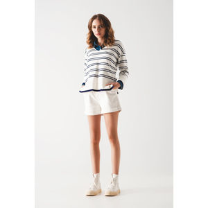 Suéter Blanco Informal de Punto con Rayas Azul Marino, Transpirable, Talla XS, para Invierno, con Decoración de Logotipo Frontal - Product Image 4