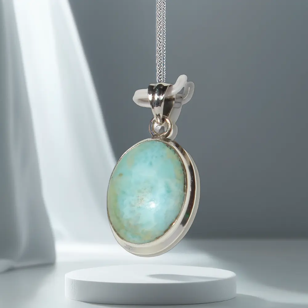 Penjualan Laris Kalung Liontin Batu Permata Perak Murni 925 Cabochon Oval Larimar Hijau Perhiasan Batu Permata Buatan Tangan