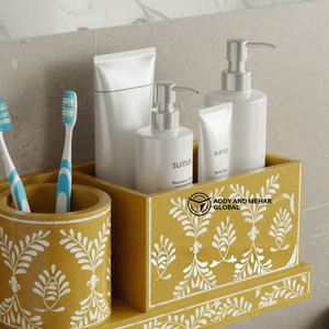 Organizador de Baño de Pared Rectangular de Dos Piezas con Incrustaciones de Hueso Amarillo de Lujo, Diseño Floral, Estante de Almacenamiento, Fácil de Limpiar, Ecológico - Product Image 5
