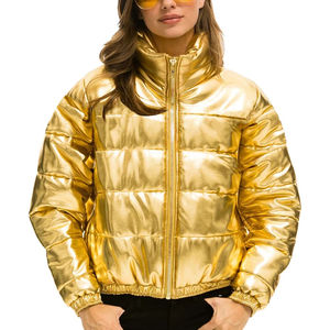 Veste matelassée imperméable coupe-vent à fermeture éclair intégrale avec bas élastique personnalisé, effet métallique brillant doré, style automne, pour femmes - Product Image 1