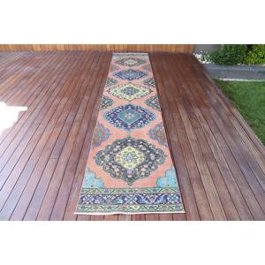 พรมตุรกีโบราณ ขนาด 2.3x12.3 ฟุต พรมลายดอกไม้สีน้ำเงินแดง - Product Image 1