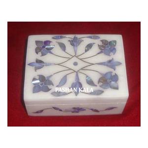 Boîte de rangement de bijoux de forme rectangulaire en nacre bleue incrustée de marbre blanc fait à la main pour le fabricant de boîtes cadeaux de festival - Product Image 1