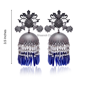 Indian Boho Style <b>Silver</b> Oxidized <b>Jhumka</b> Chandelier Earrings with Diamond Pearl Wedding Evening Party Gift for Her Made of Brass - Product Image 3