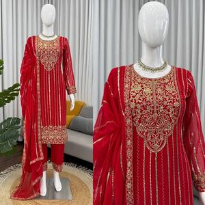 Ensemble de salwar kameez pour femmes en faux georgette rouge brodé avec dupatta, tenue ethnique pour les fêtes - Product Image 3