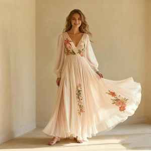 เดรสแม็กซี่ปักลายดอกไม้สีชมพูบลัชออนชุดเดรสแขนพองคอวีลึกพร้อมผ่าข้างชุดสำหรับแขกหรืองานปาร์ตี้ - Product Image 1