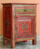 Table de chevet en bois peinte à la main indienne, vintage, avec tiroir et porte, design floral du Rajasthan, rouge et vert