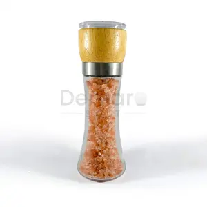 Wholesale Private label Pink Himalayan Salt in 200 Grams Glass Bottle with Wooden top Ceramic Grinder Manufacturer from Pakistan