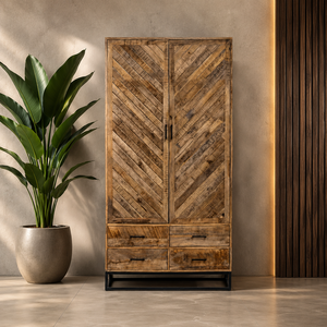 Certified Solid Mango Wood Shaker 2-Door Herringbone Wardrobe <b>Cabinet</b> Metal Frame <b>Rustic</b> Modern Storage Armoire Living Room 2 - Product Image 1