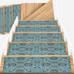 Alfombra Azul con Diseño Navajo, Flores Blancas, Moderna, Fácil de Limpiar, Goblen - Product Image 4