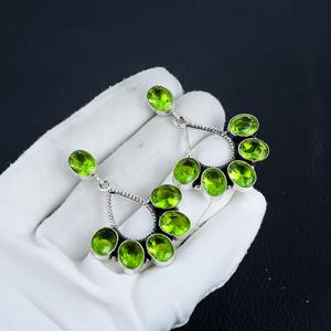 New Arrival 925 Sterling <b>Silver</b> Plated Bohemian Style Fashionable Green Peridot Gemstone Natural Bezel Anniversary <b>Earring</b> - Product Image 2