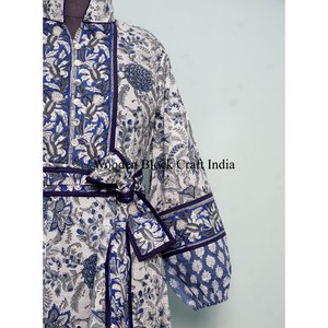 Robe en coton imprimée à la main pour femmes, robe d'été à col rond, robe courte, style bohème, robe de fête florale, robe en coton indien - Product Image 3