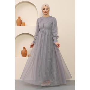 Vestido de Noche Sencillo de Tul con Corte en A, Detalle de Botones, Poliéster Transpirable, Estampado, Estilo Imperio, Tallas XS-XL Disponibles - Product Image 4