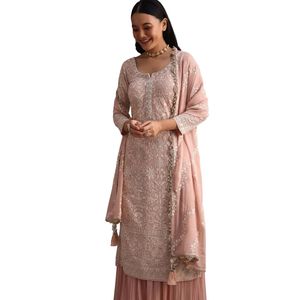 Peach Lucknowi Work Kurta Palazzo Suit avec palazzo évasé et Resham Dupatta Vente en gros de fournisseur en vrac d'usine ethnique OEM pour femmes - Product Image 3
