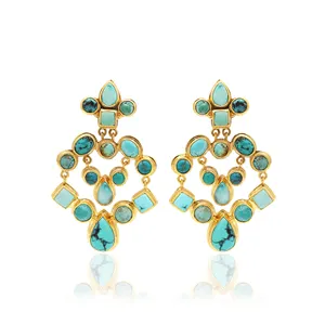 Latest Design 58X26mm Round Plain Natural Turquoise Gemstone Yellow Gold Plated Earring 925 Sterling Silver Jewellery Wholesale