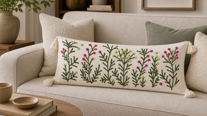 Funda de Cojín Lumbar Bordada a Mano con Flores Silvestres de Algodón, con Borlas en las Esquinas, Funda de Almohada Larga Botánica para Decoración de Sofá - Product Image 5