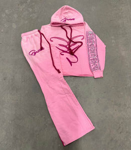 Sweat à capuche et pantalon de jogging évasé avec logo brodé personnalisé, effet délavé, impression délavée au soleil, style hip-hop pour l'automne - Product Image 4