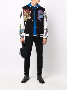 Blouson d'aviateur unisexe à la palangre avec manches en cuir surdimensionné et col montant Varsity Letterman Design pour les sports d'hiver - Product Image 3