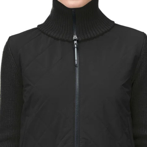 Veste matelassée écologique en tricot noir pour femmes, fermeture éclair intégrale, col montant, manches extensibles, vêtement moderne pour superposition hivernale - Product Image 6