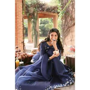 Conjunto de traje de mujer Midnight Kalidaar Navy Chiffon 100% poliéster ecológico con bordado y dupatta - Product Image 5