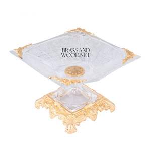 Luxury golden brass and crystal square decorative bowl with ornate carved base and elegant <b>corner</b> details for classic interiors - Product Image 4