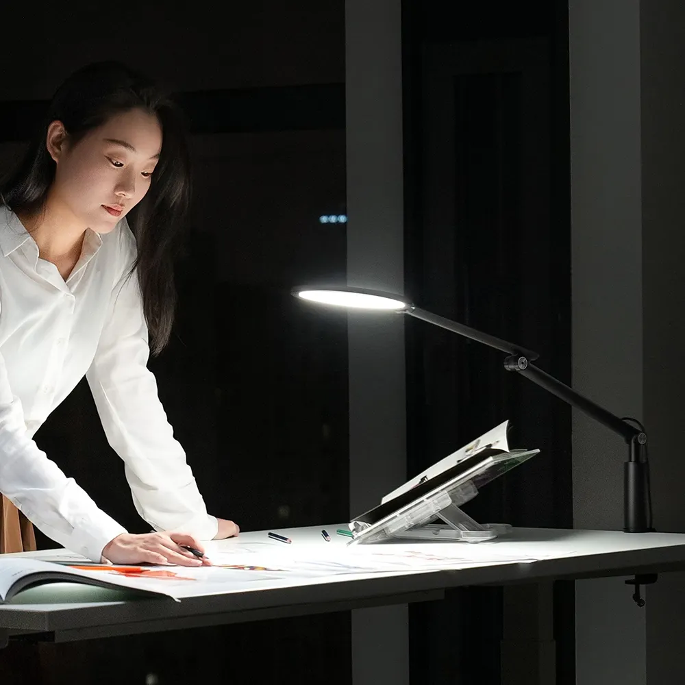 UPERGO Adjustable Height Long Arm Foldable Clip-on Desk Lamp Light Metal Dimmable LED Table Lamp