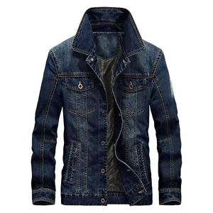 Veste en jean déchirée pour homme, streetwear, vêtement d'extérieur délavé, jean bleu, mode d'hiver, col montant chaud, logo frontal, décontracté - Product Image 1