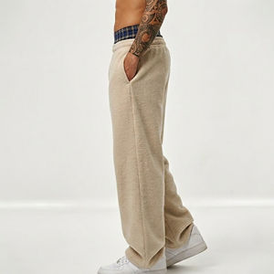 Beige Trousers <b>Wide</b> <b>Leg</b> Casual <b>Pants</b> Soft Knit Trousers Elastic Waist Streetwear <b>Lounge</b> Wear - Product Image 2
