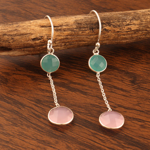 Boucles d'oreilles Dainty Vintage à deux pierres précieuses Calcédoine taillée avec chaîne Style Lunette Laiton Plaqué Argent Gouttes Légères - Product Image 5