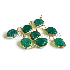 Pierre d'onyx vert naturel sculpture de feuilles breloques en argent sterling 925 10x8mm cadre de lunette en or vermeil pendentifs en pierres précieuses sculptées - Product Image 6