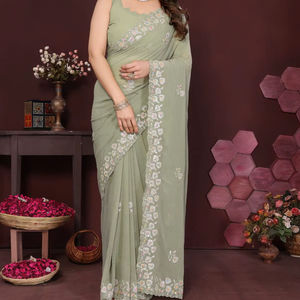 Sari de Seda Georgette Ligero y Ecológico con Blusa Bordada Floral para Toda Ocasión (Gujarati) - Product Image 3