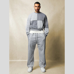 A granel Unisex Fleece Cropped Fit Color Block Crew Neck Sudadera & Relaxed Drop-Crotch Pantalones de chándal Set chándal de gran tamaño - Product Image 1