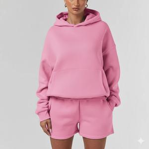 Ensemble sweat-shirt et short décontracté pour femme en tricot uni d'hiver 100% coton, coupe régulière - Product Image 3
