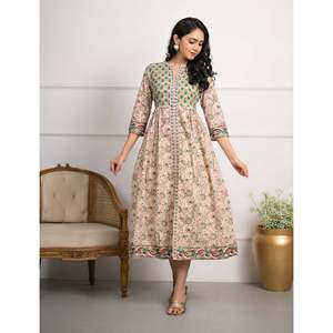 เดรสผ้าฝ้ายทรงเอไลน์พิมพ์ลายบล็อกสีเขียวครีม สไตล์ลำลองฮิปปี้ ดีไซน์สั่งทำได้ ไซส์ XS ระบายอากาศได้ดี เหมาะสำหรับใส่ไปเที่ยวคลับ - Product Image 3