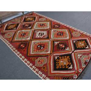 Turkish Vintage Rug 5.8x9 ft (177x274 cm), Kilim <b>Red</b> Black Ombr Rug - Product Image 1
