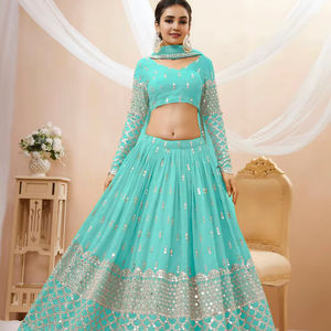 Lehenga Choli en Georgette de Polyester Bleu Aqua, Broderie Zari et Paillettes, Manches Brodées Évasées de 3,5 m, Longueur Ras du Sol, Séchage Rapide, Style Bollywood - Product Image 1