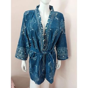 Robe Kimono Décontractée Indigo Kantha en Tissu Doux avec Taille Élastique et Cordon de Serrage, Manches Longues, Idéale pour le Printemps, Mariage, Nuit, Famille, 1 Pièce - Product Image 6