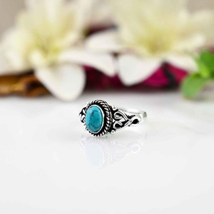 925 Sterling Silver <b>Turquoise</b> Gemstone Bezel Setting Rhodium Plated Boho Style Women's Wedding Party Gift <b>Ring</b> - Product Image 2