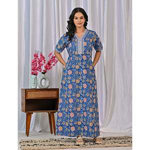 Vestido de Dormir 100% Algodón con Estampado Jaal Hecho a Mano, Camisón Suave Tejido con Diseño Floral y Cierre de Botones, Talla 3XL para Damas de Honor - Product Image 3