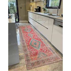 Tapis imprimé de style vintage, design Oushak, rouge, couloir, décoration murale, moderne, avec tapis moelleux à poils - Product Image 5