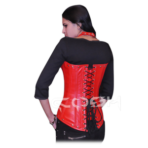 Corset licou en cuir rouge à armature avec clous et boucles réglables sur le devant - Product Image 5