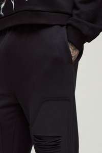 Pantalones de hombre para correr Vintage de tiro medio de PANA con bolsillo de panel negro de peso pesado, diseño rasgado lavado, ajuste holgado, cordón informal - Product Image 3