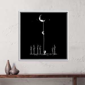 Lienzo Decorativo de Astronauta Escalando la Luna: Arte Mural Minimalista de Ciencia Ficción, Lienzo con Marco Blanco - Product Image 1