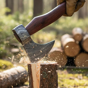 Hache de camping robuste en acier de Damas, tête en acier à motif artisanal avec manche long en bois massif pour le bushcraft en plein air - Product Image 6