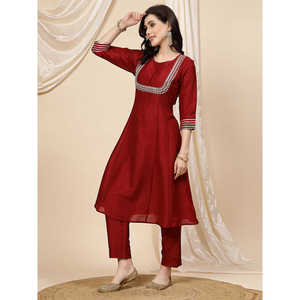 Kurta Anarkali Bordada con Lentejuelas Color Granate para Mujer, con Pantalón de Algodón y Dupatta, Traje Salwar de Estilo Étnico Indio, Material Pesado - Product Image 6