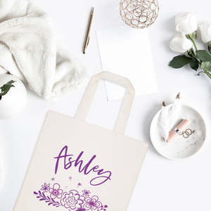 Personalized Name Purple Floral Cotton Canvas Tote Bag Embroidery Letter Decoration Polyester Lining Fashionable Open for All - Product Image 3