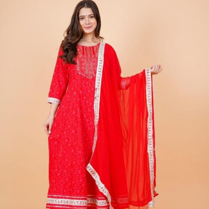 Conjunto de traje de mujer disponible en 7 hermosos colores, trabajo impreso y bordado en Anarkali Kurti y pantalón con gasa Dupatta - Product Image 1