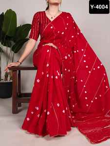 Vêtements ethniques indiens Viscose Chanderi Matériel Fantaisie Saree Paillettes avec ligne Zari et Gota Patti Dentelle Bordure Saree avec Blouse - Product Image 2